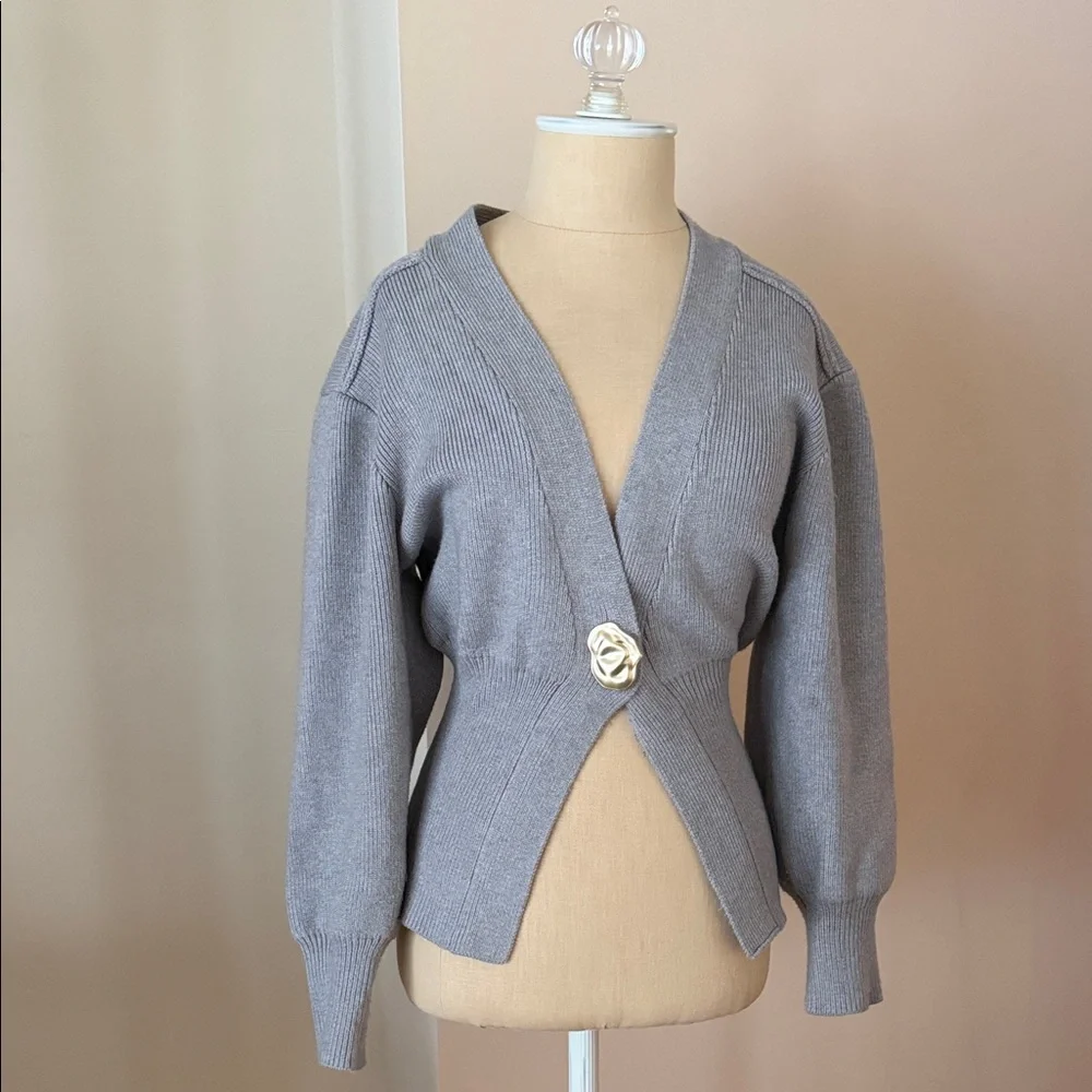 EXPRESS Light Gray Cinched Waist Puffy Sleeve Decorative Button Ribbed Cardigan